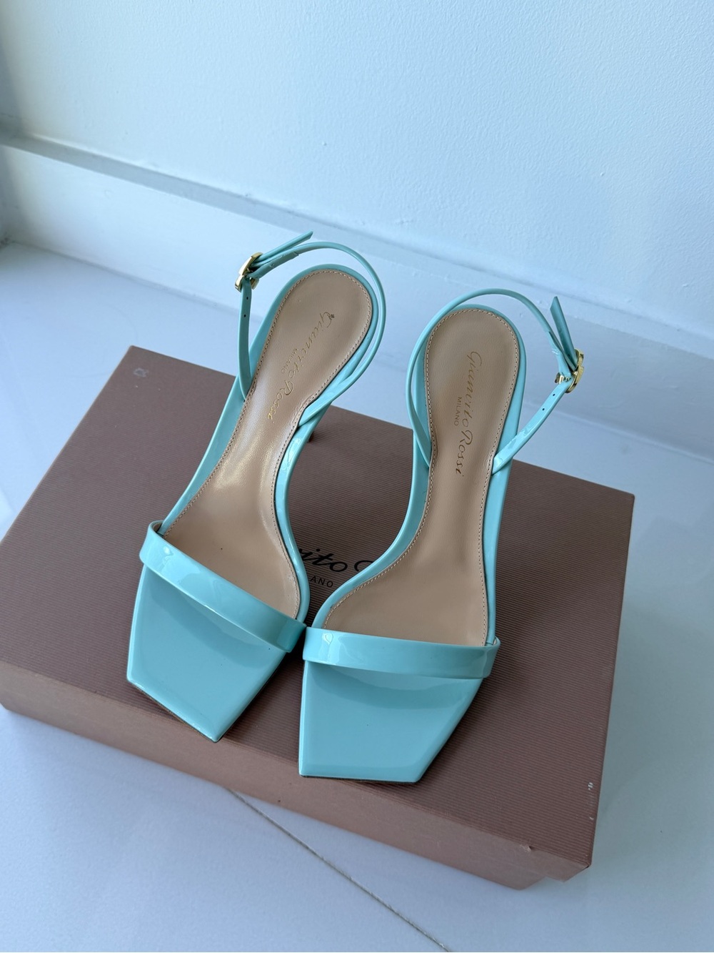 Gianvito Rossi Mint Patent Square-Toe Slingback Sandals